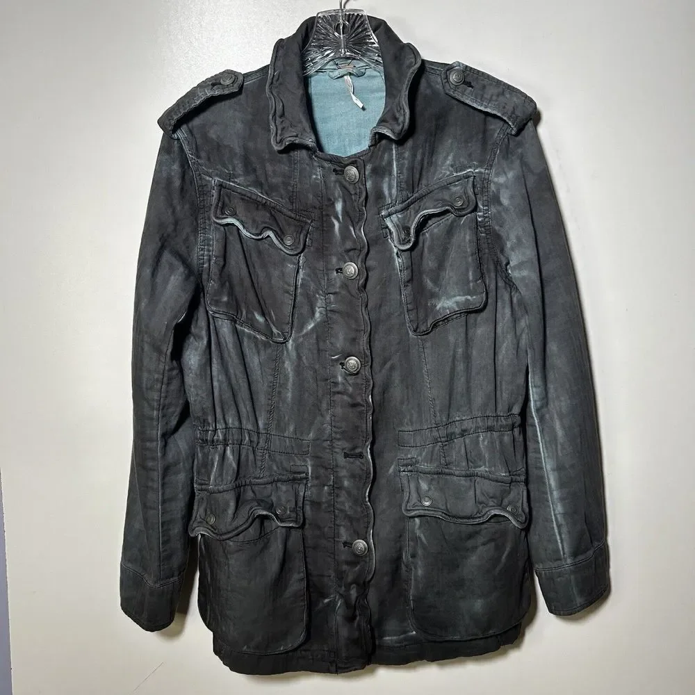 Free People Double Cloth Jacket Military Drawstring Jacket Womens XS Blue Gray